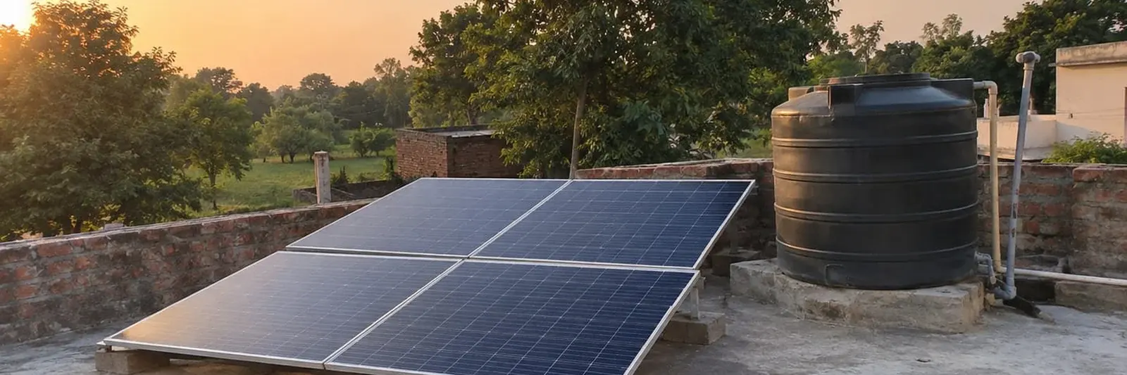 A Span Styles rooftop solar array beside a water tank at sunset